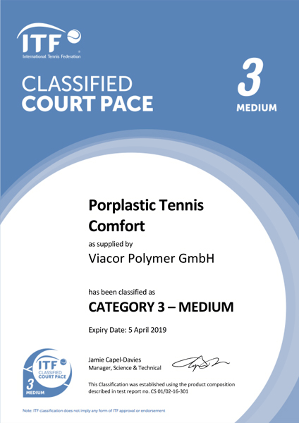 ITF Certificate Porplastic Tennis Comfort